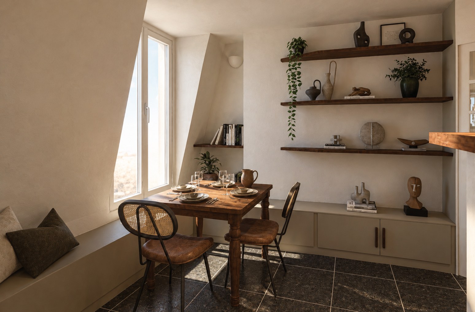 Montgallet — dining corner under a mansard roof, lit by a tall window
