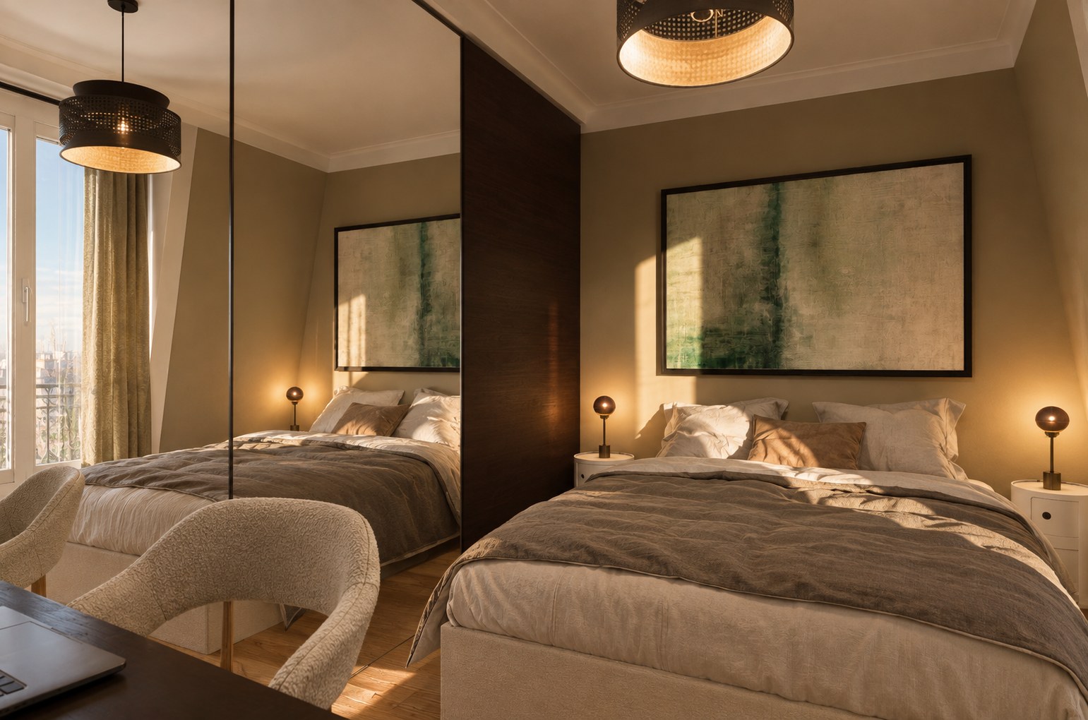 Montgallet — bedroom with linen bedding, brass lamps and a large abstract painting