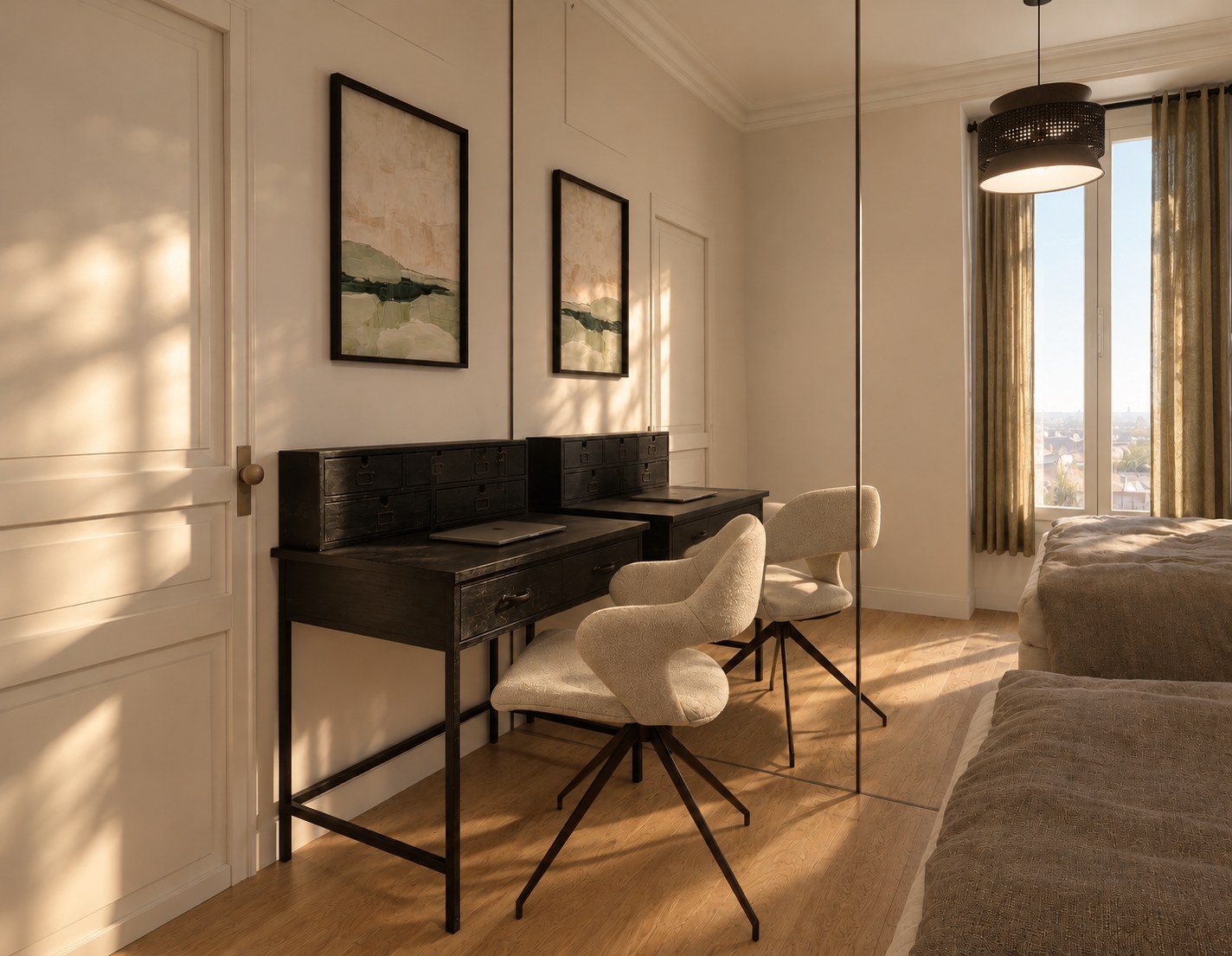 Montgallet — black writing desk and bouclé chair in front of mirrored wardrobes