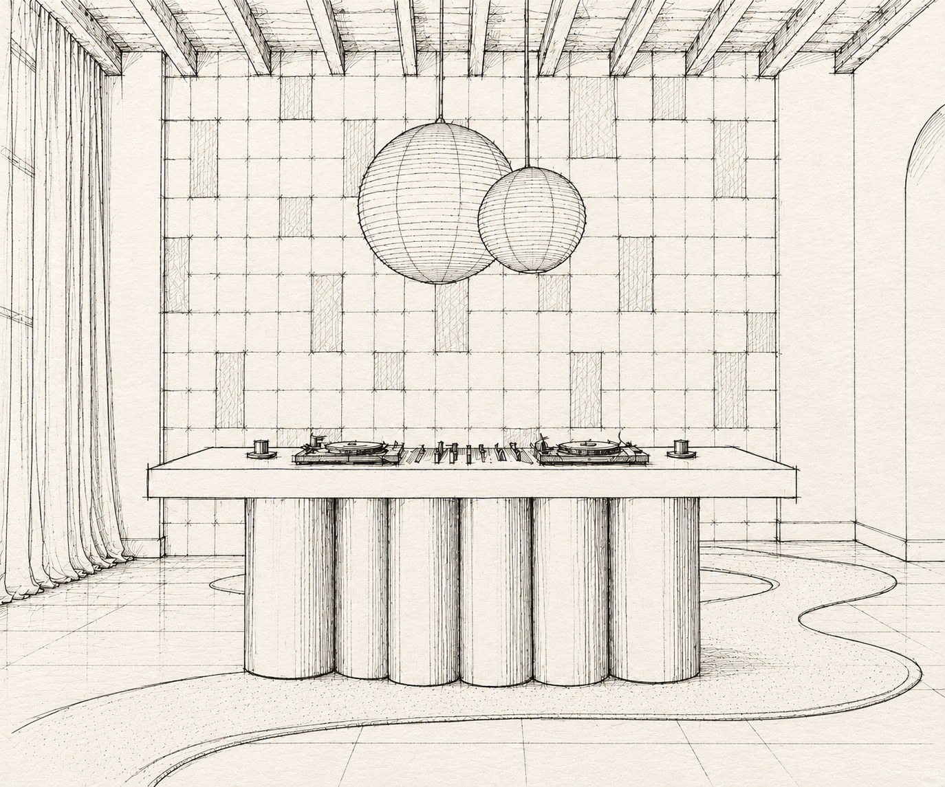 Sirocco — ink drawing of the same DJ counter view
