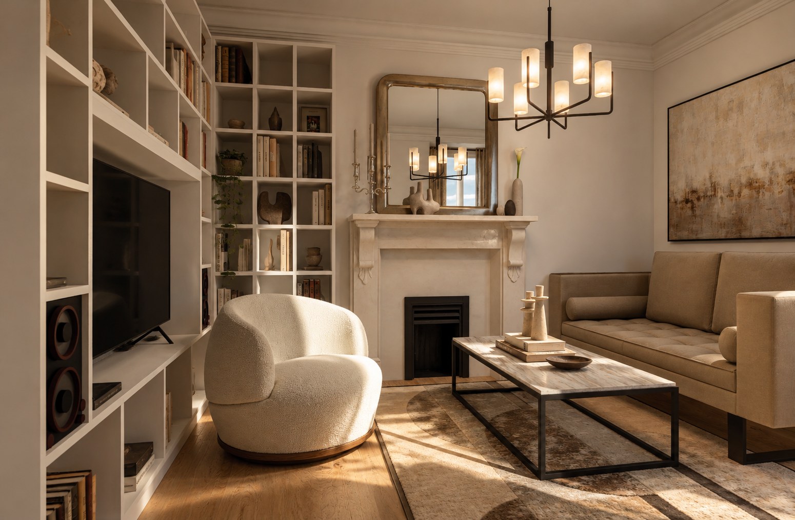 Montgallet — living room with a fireplace, antique mirror and bouclé armchair